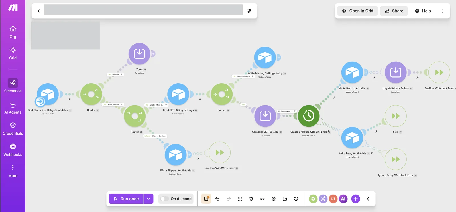 Job code workflow: finds queued people, reuses or creates their QuickBooks Time job code, writes results back and handles failed writes.